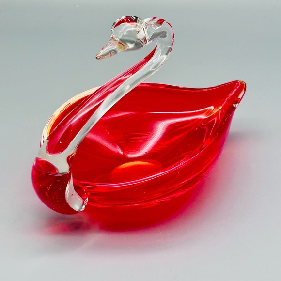 MCM Amberina Hand Blown Art Glass Swan Trinket Dish - Picture 1 of 8